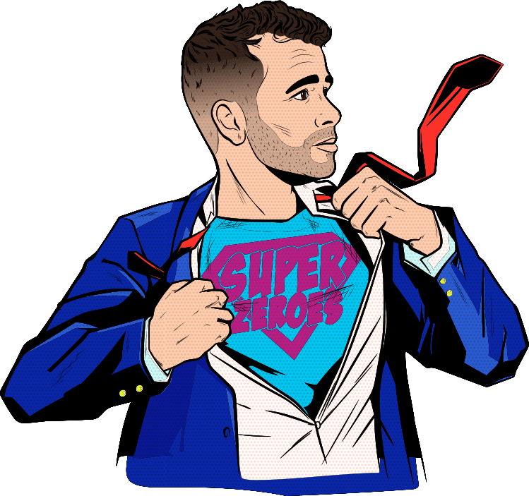 Cartoon van Bram in Superzeroes-superheldenoutfit