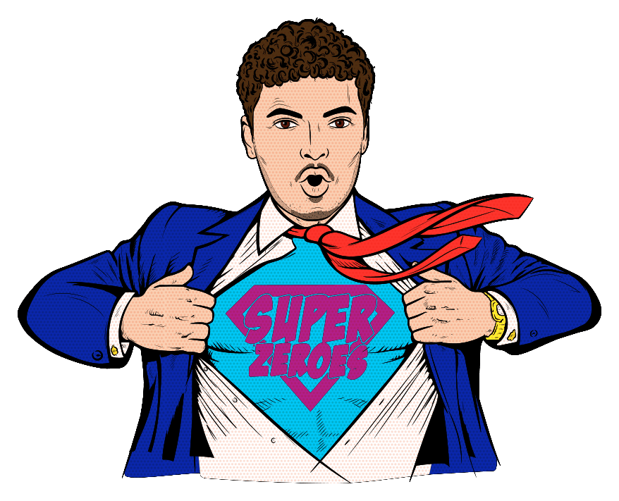 Cartoon van Ruben in Superzeroes-superheldenoutfit